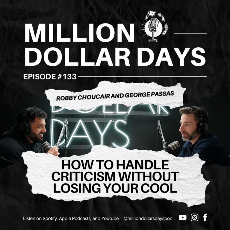 Episode 133 cover featuring two men in a podcast studio with the topic how to handle criticism without losing your cool